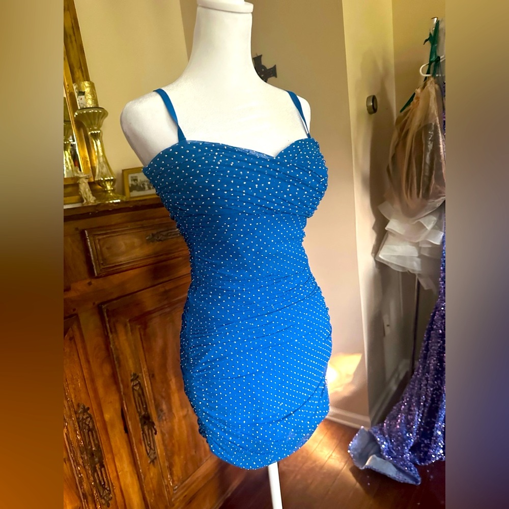 bebe Blue Ruched Mini Dress studded blue S 2-4